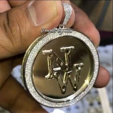 Real Solid Customize Any 2 Letter D/VVS Moissanite Disk Medallion Pendant Silver