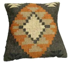 Indian Jute Kilim Cushion Cover Throw Pillow 18" Square Home Decor Handmade Wool