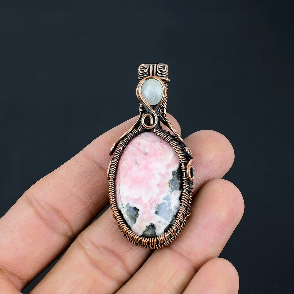 Piedras preciosas de rodocrosita hecho a mano piedra lunar recortadora alambre envuelto colgante de diseñador Foto 2 de 4