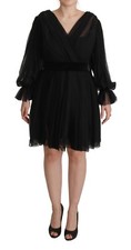 DOLCE & GABBANA Dress Silk A-line Black V-neck Long Sleeves IT46/US12/XL 2730usd