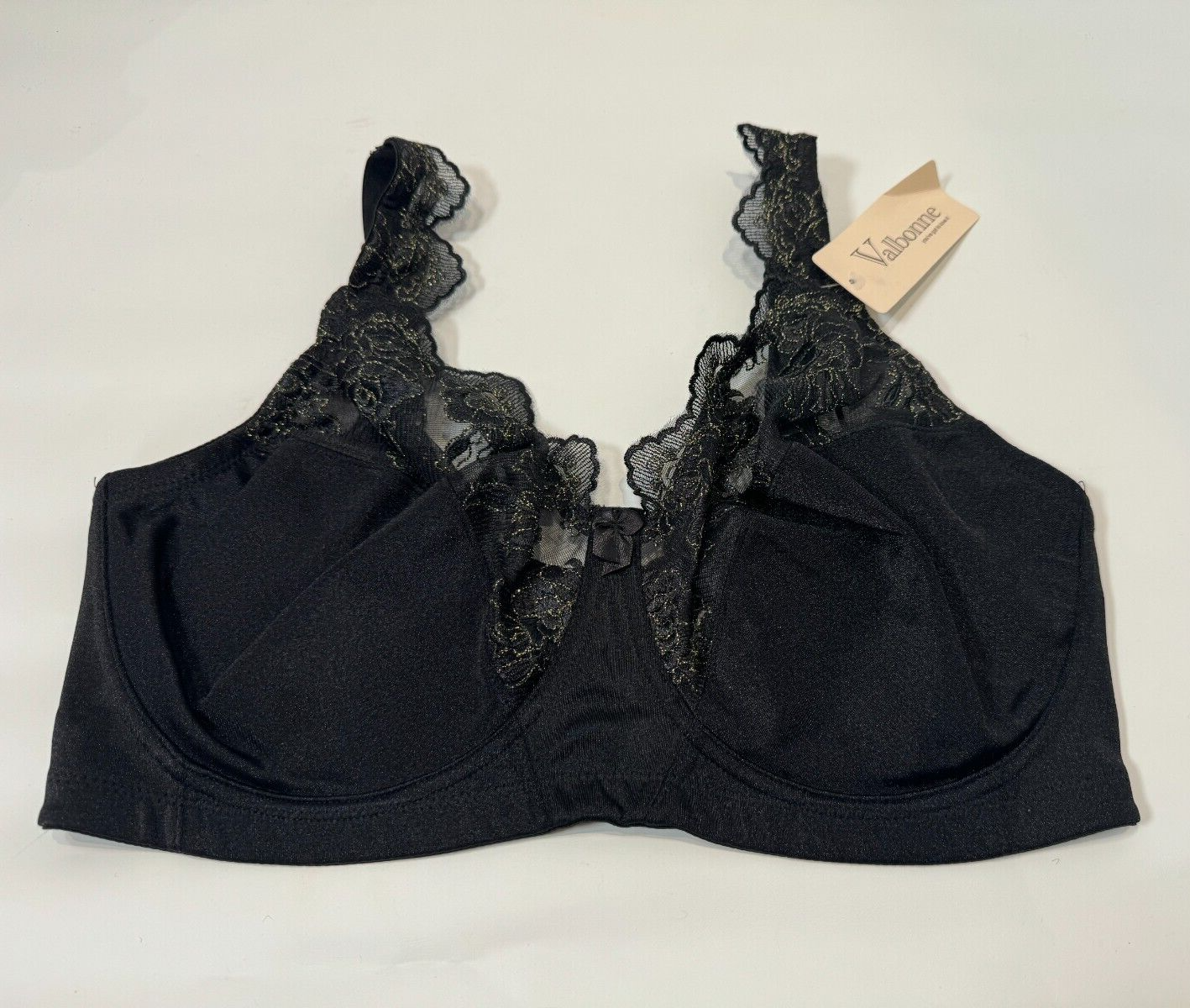 Valbonne Bra Underwired Nonpadded Lace Trim Full Cup Bra Size 42D Black Gold