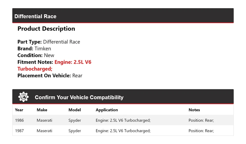 Para Maserati Spyder 1986-1987 2,5 L V6 turboalimentado diferencial carrera trasero Timken Foto 2 de 4