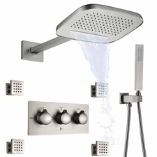 Brushed Waterfall Rain Shower Head With Handheld Spray Wall Mount Shower System