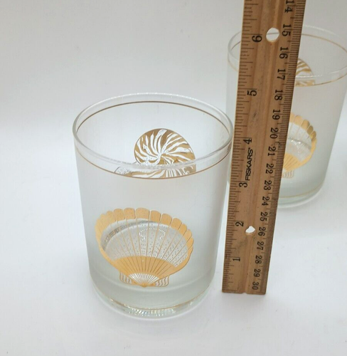 MCM Culver Lowball Rocks Glasses Gold Shells Scallop & Nautilus Frosted Set of 4 - Picture 5 of 6