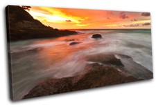 Waves Orange Sunset Seascape SINGLE CANVAS WALL ART Picture Print