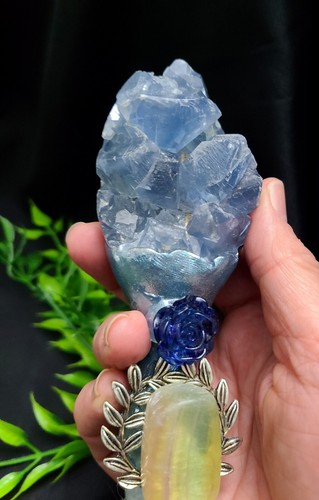 XX Large 16" Handmade Natural Celestite Fluorite Quartz Crystal Wand with Charms - Picture 13 of 24