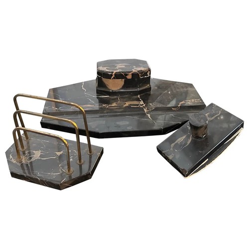 1930s Art Deco Portoro Marble and Brass Italian Desk Set - Afbeelding 1 van 13