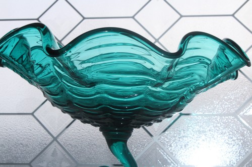 Large Vintage Murano Compote Teal Art Glass With Curl Stem - Picture 4 of 7