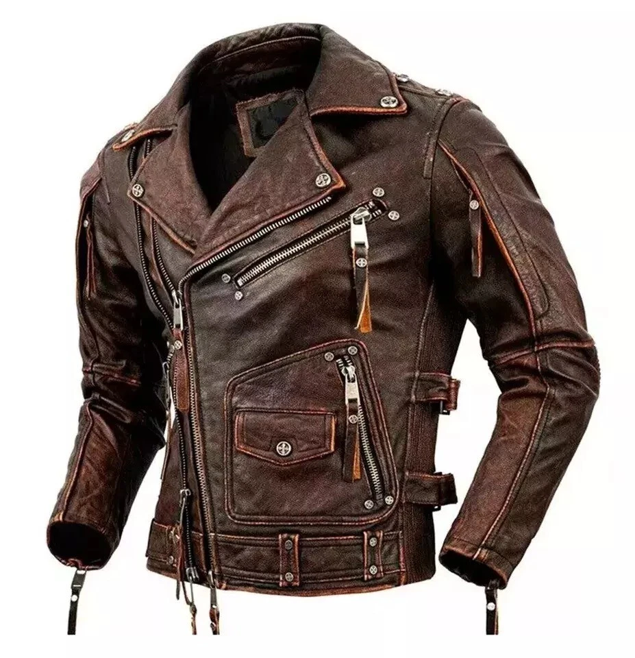 Men’s Motorcycle Biker Vintage Cafe Racer Distressed Real Leather Jacket For Men