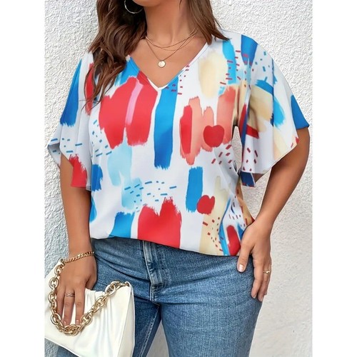 New Plus Size Women's Fashion Trend V-neck Printed Short Sleeve Casual Top - Picture 5 of 5