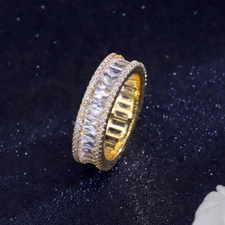 Luxury Yellow Gold Plated Baguette Cubic Zirconia Engagement Ring for Women Gift