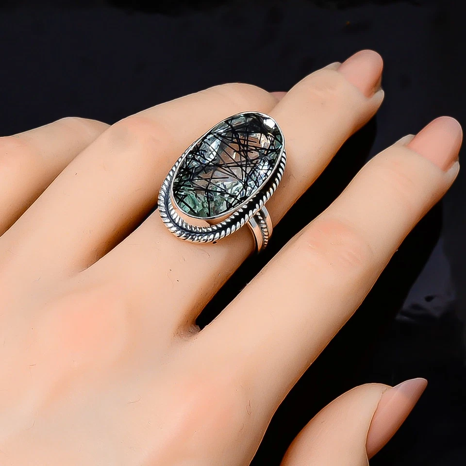 Anillo de plata de ley 925 maciza de cuarzo rutilado negro regalo de Navidad|Gif para ella Foto 3 de 4