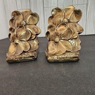 Set of 2 PM Craftsman Dogwood Flower Gold Tone Cast Metal Matched Bookends Brass