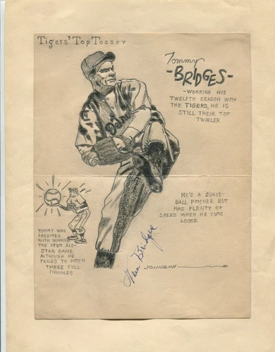 VINTAGE 1942 TOMMY BRIDGES DETROIT TIGERS AUTOGRAPHED ORGINAL PENCIL SKETCH