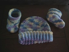 Crocheted Infant Rolled Brim Hat and Booties Booty Set Newborn Gift Set