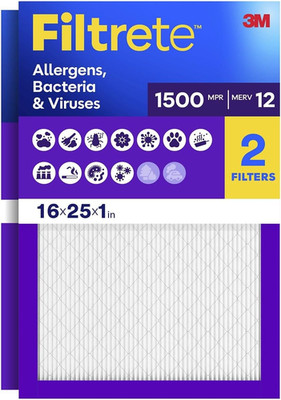Filtrete 16X25X1 Air Filter, MERV 12, MPR 1500, Allergens, Bacteria & Viruses, 3