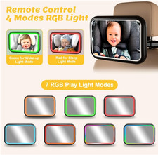 Baby Car Mirror w Light, 7 RGB Lights, Remote Control, 360 Rotation