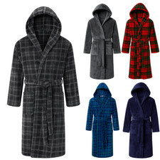 Mens Hooded Fleece Dressing Gown Soft Cosy Warm Bathrobe Hood