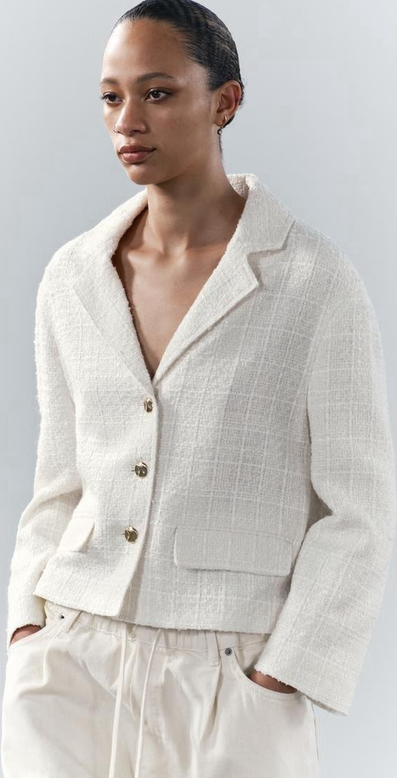 Zara Ivory Tweed Collared Button Blazer Jacket Women’s S Lined Long Sleeve