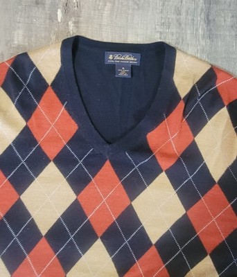 Brooks Brothers Extra Fine Italian Merino Mens XL V Neck Argyle Navy Tan Sweater