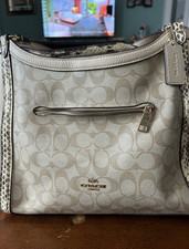 Coach Beige Ivory Logo Pebbled Shoulder Bag with gold Hardware Designer bag