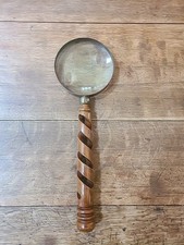 Vintage Brass Magnifying Glass with Decorative Wooden Twisted Handle 15 In