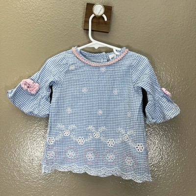 Rare Editions Top Girls Size 24M Blue Gingham Floral Embroidered Bell Sleeve