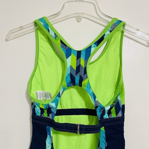 Costume da bagno LL Bean taglia 8 blu navy verde racerback geometrico sportivo nuovo senza etichette - Foto 7 di 13