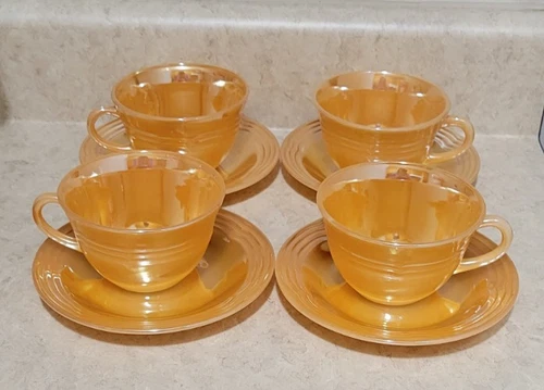 Vintage Fire King Anchor Hocking Peach Lustre 4 Cups 4 Saucers 3 Band MCM