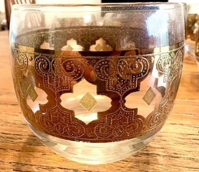 Set Of 8 Vintage CULVER MCM Bright 22k Gold Scroll Roly Poly Cocktail Glasses