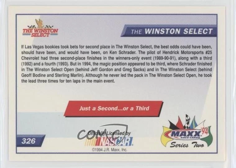 1994 Maxx The Ken Schrader Winston Select Just a Second…or Third #326 - Image 2 of 2