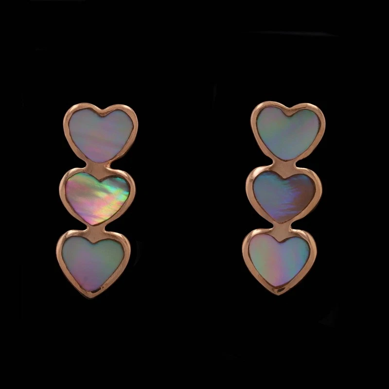 Pendientes colgantes trío corazón madreperla oro rosa viaje tres piedras -14k amor Foto 2 de 4