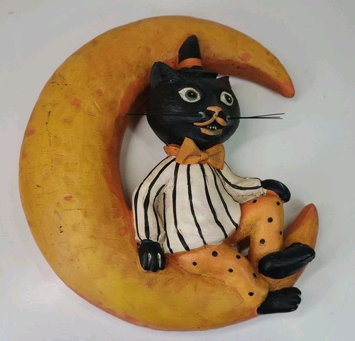 Vintage Ashland Black Cat Sitting On Crescent Moon Halloween Hanging Wall Decor