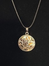 Lotus Meditate Yoga Overlay Abalone Shell Round Pendant Necklace 18"L Adjustable