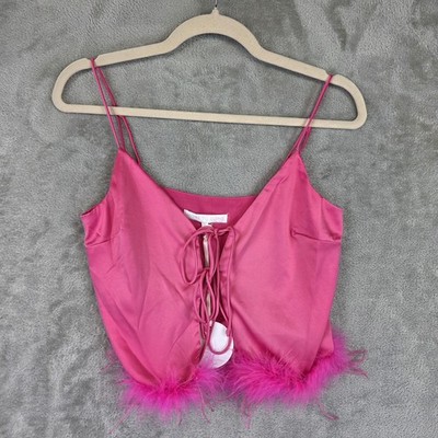 More To Come Tank Top Womens S Pink Satin Lace Up Feather Trim Cropped Cami