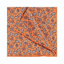 Men's 100%Silk Twill Pocket Square Orange Little Paisley Hand Rolled 11.8" 30cm