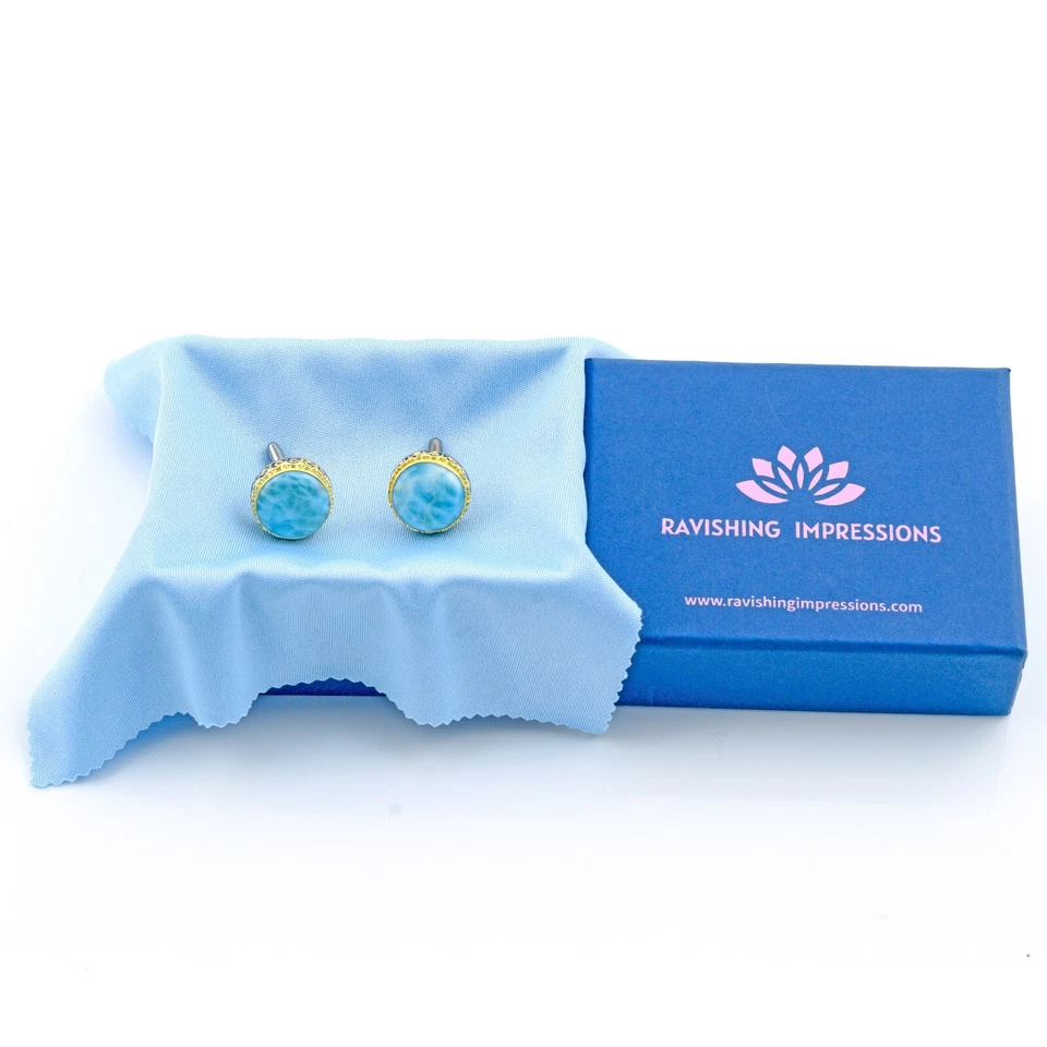 Gemelos para hombre enchapados en oro de plata de ley 925 joyería de piedras preciosas dominicanas Larimar Foto 4 de 4