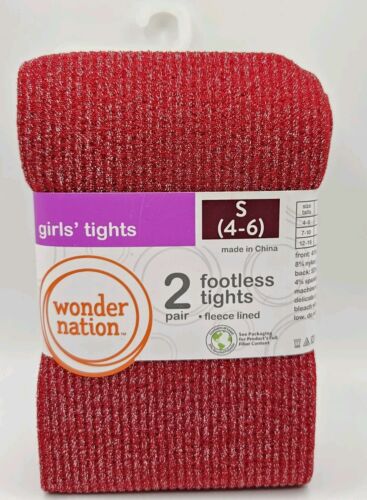 New Girls Pack Of 2 Small 4-6 Fleece Lined Footless Tights Shimmery Red & Ivory - Picture 2 of 6