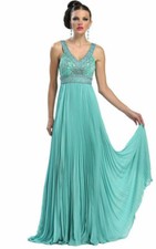 Sue Wong  Aqua Beaded Empire Accordion Pleated Chiffon Formal Gown 2 NEW 499