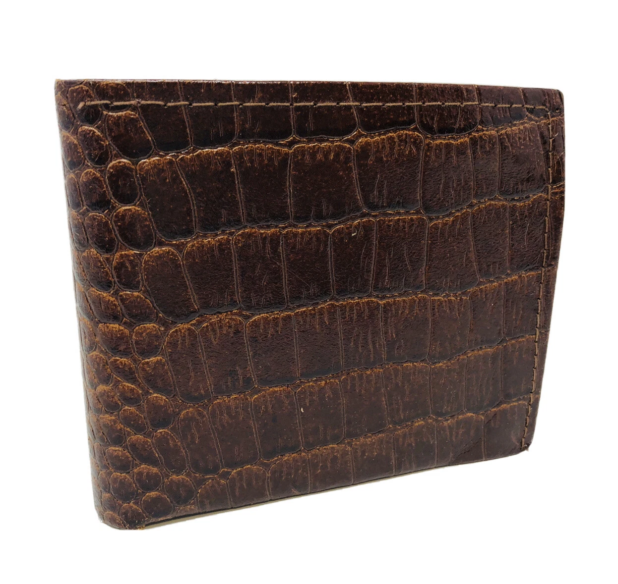 Portefeuille vintage authentique en cuir fendu fendu motif crocodile marron suprême