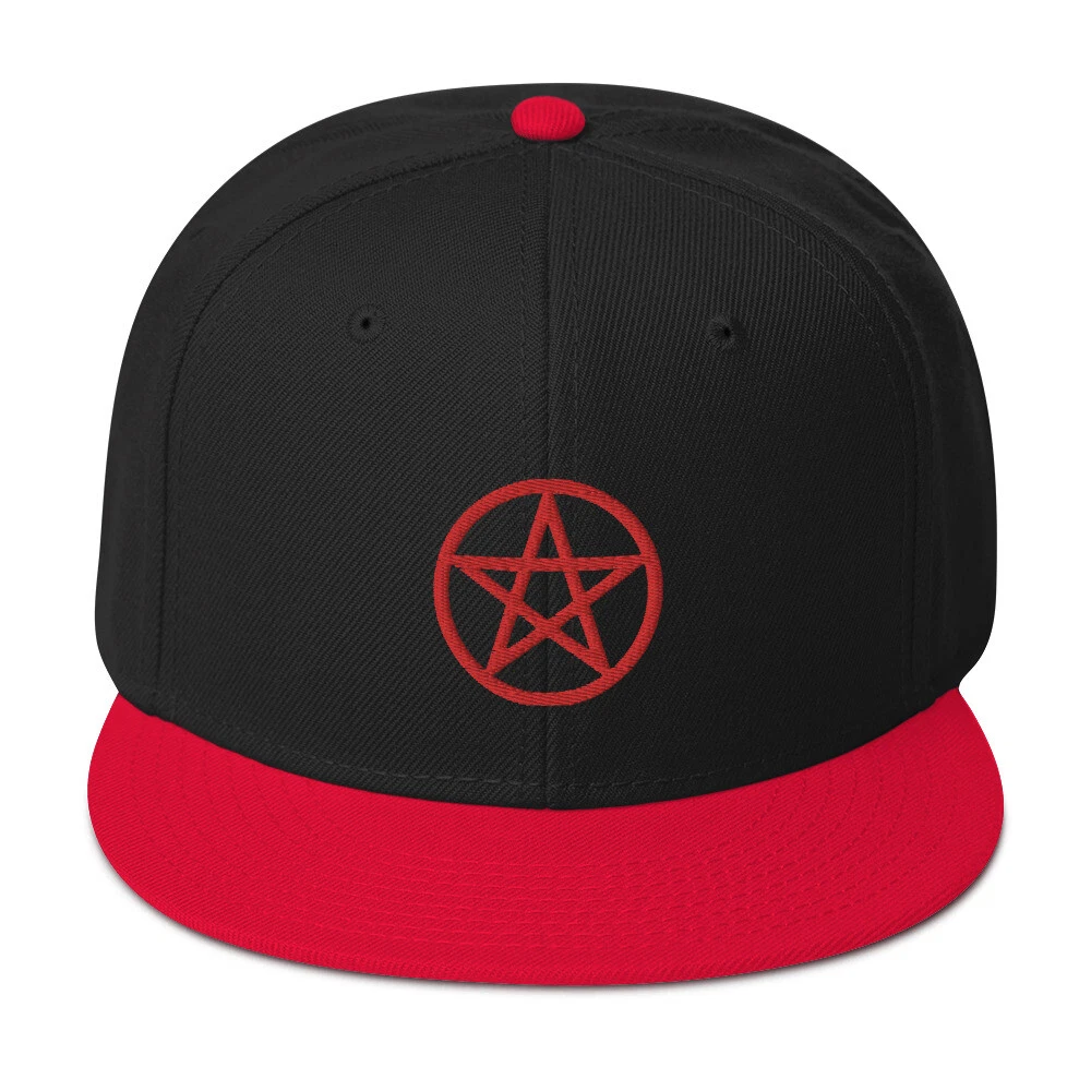 Red Wiccan Witchcraft Pentagram Embroidered Flat Bill Cap Snapback Hat