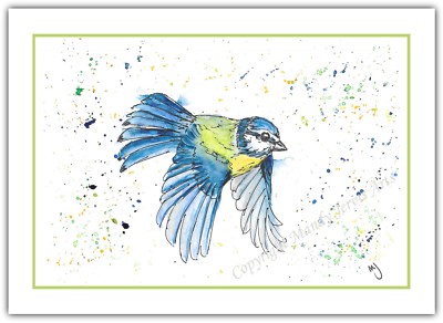 Blaumeise Vogel - Grußkarte mit Aquarelldruck - Geburtstag / Notizblatt / leer