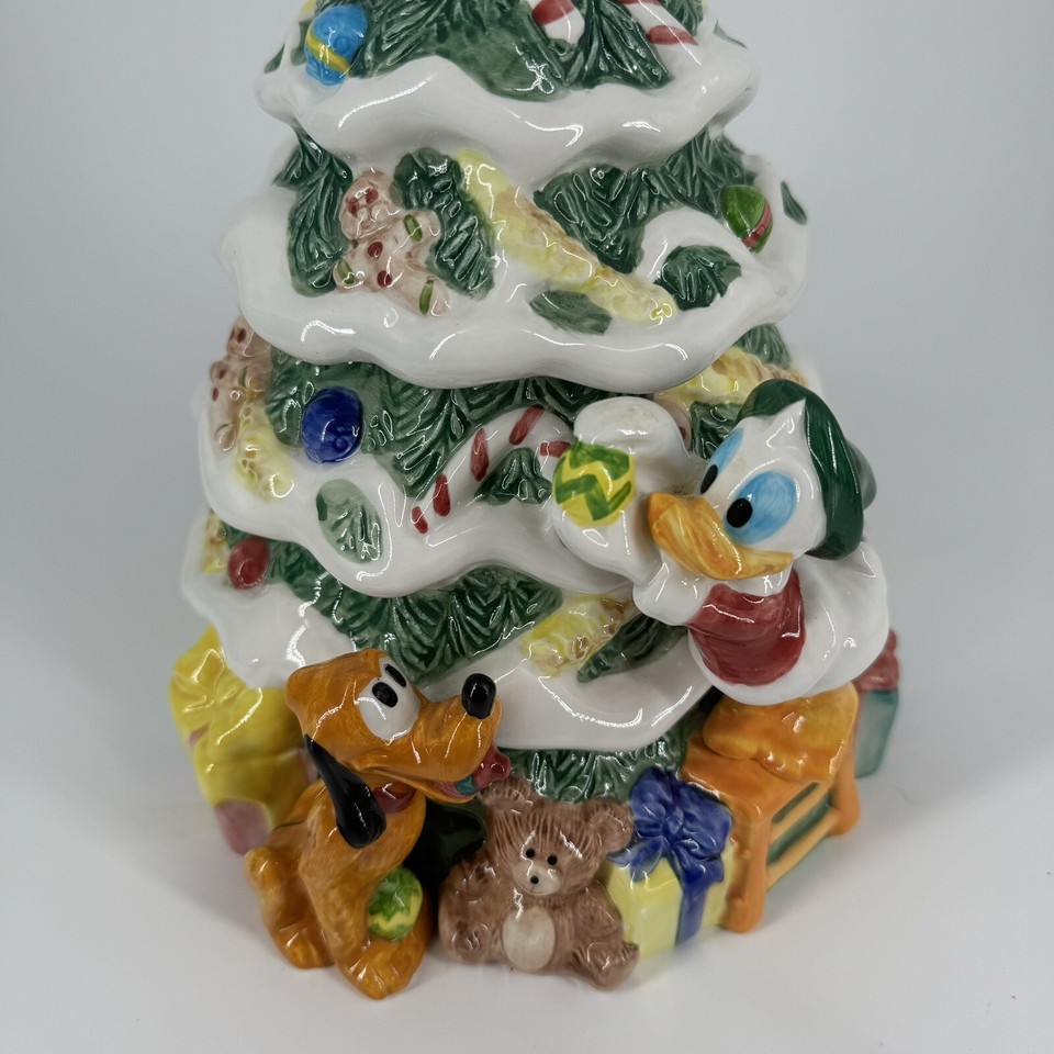 Vtg Disney Ceramic Christmas Tree Cookie Jar Taiwan Mickey Minnie