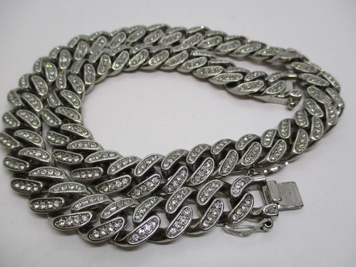 Silver Tone Cuban Iced-Out Chain Link Men's Necklace - Picture 2 of 13