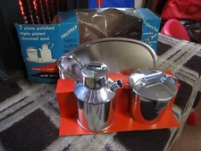 Dairy Farm Cream 'N Sugar Set W Tray Three Piece Triple Plated Chromed Steel VTG