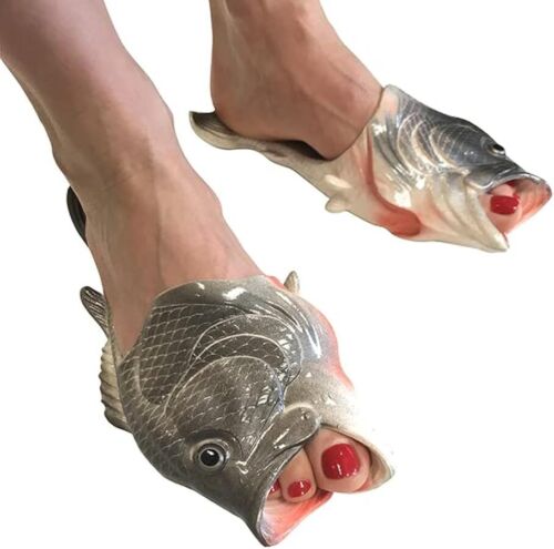 Fishy Feet - Silver Trouts Sandals Beach Fish Shoes - Funny Gag Gift - MEDIUM - Picture 1 of 6