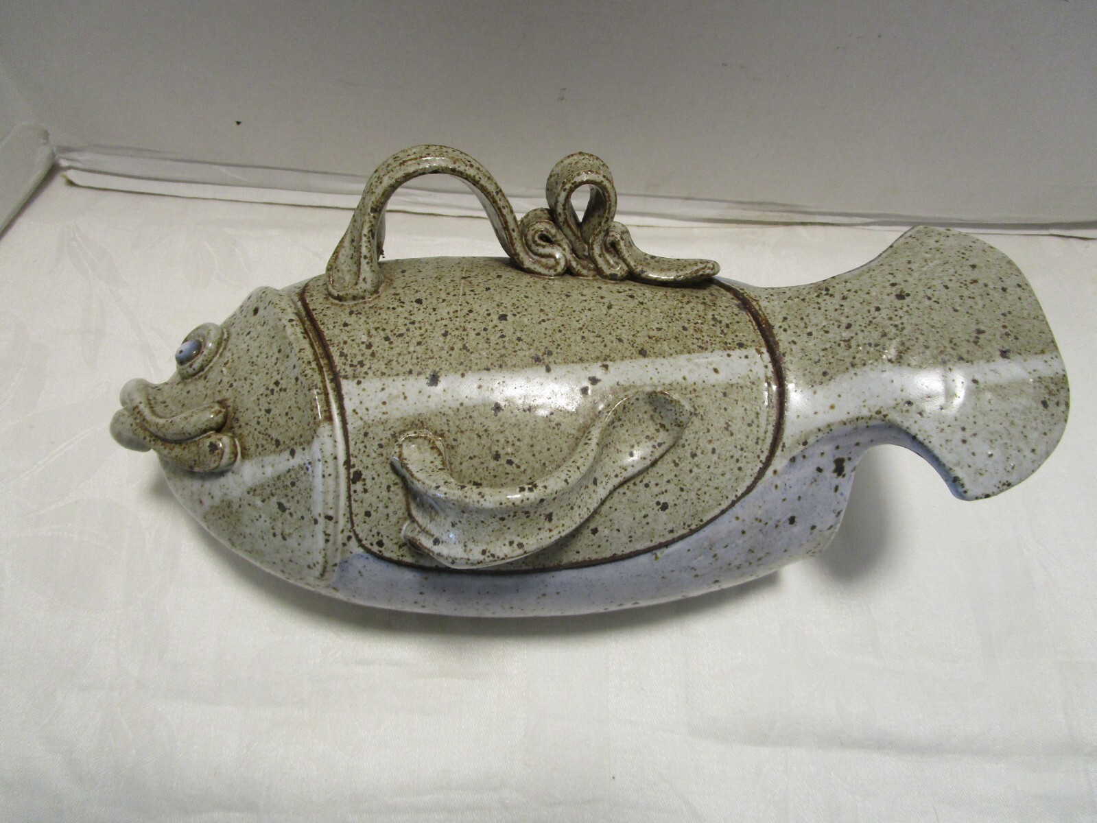 Vintage 1980s Handcrafted Glazed Pottery Lidded Fish Bowl Signed Studio Art