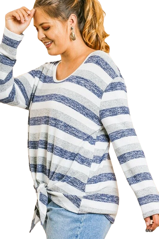 TALLA XL-PLUS 1XL UMEE AZUL MARINO Rayas Polar Corbata Frontal Top/Blusa BHCS Foto 2 de 4