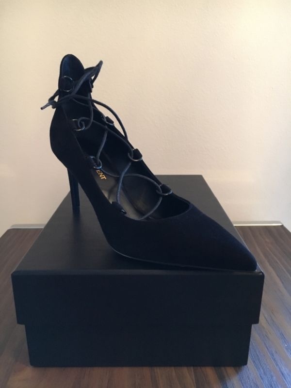 Nuovo designer Saint Laurent Paris skinny stringate a punta scamosciato pump nero $ 795 7 5