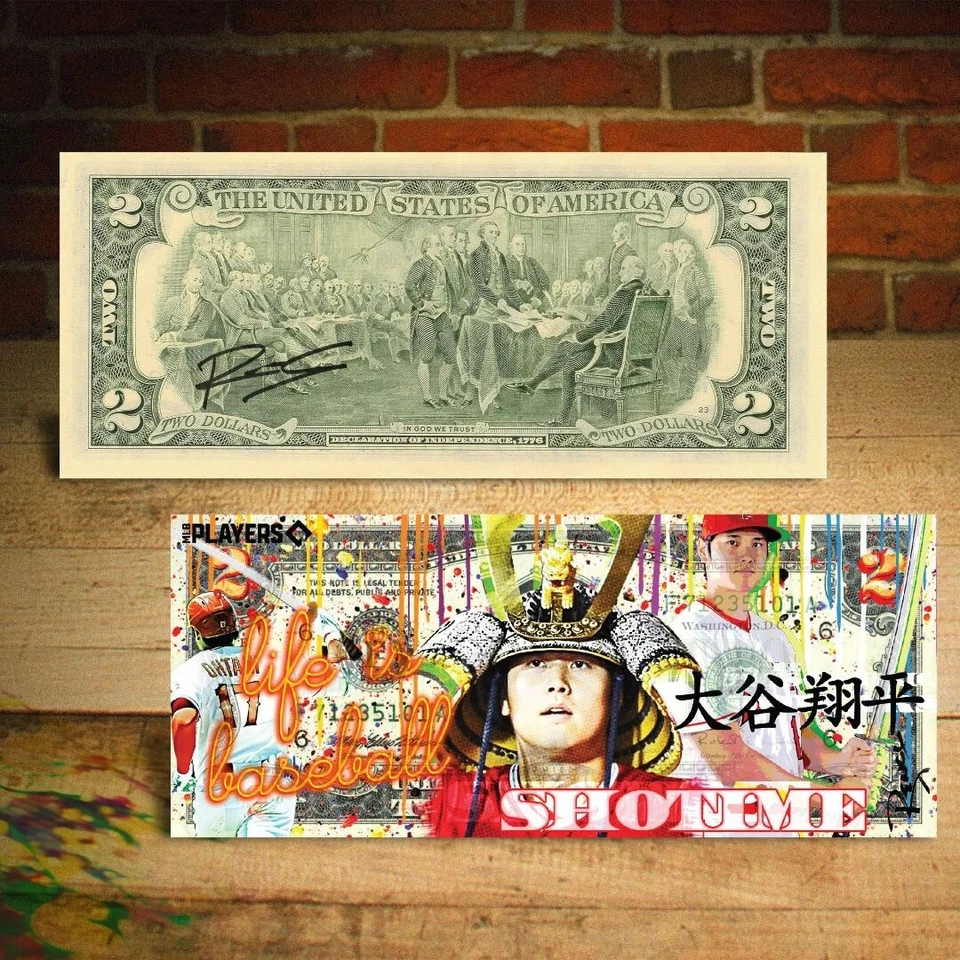 Billete de 2 dólares Shohei Ohtani Shotime arte pop Life Is Baseball FIRMADO por el artista Rency Foto 3 de 3